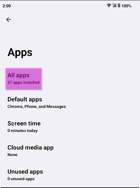 Selecting "All apps" in Settings
