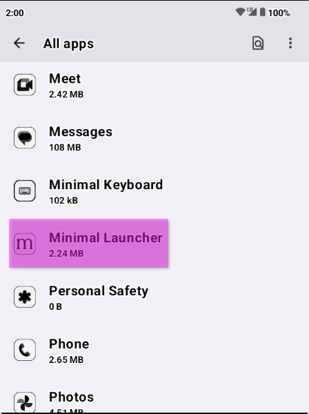 Selecting "Minimal Launcher" in the app list