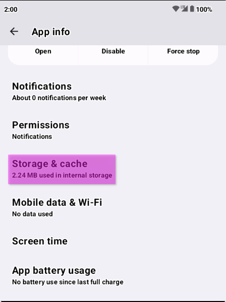 Selecting "Storage & Cache" in the App info page