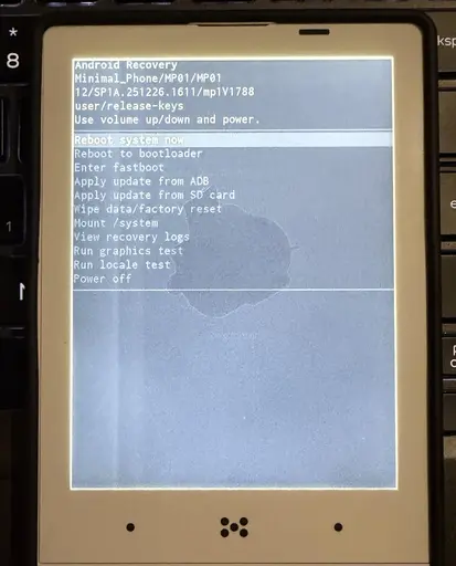 Android Recovery menu with Reboot system now highlighted
