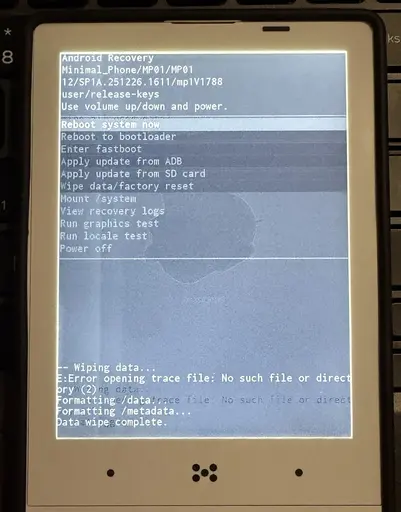 Recovery menu after wipe with Reboot system now highlighted and "Data wipe complete." at the bottom
