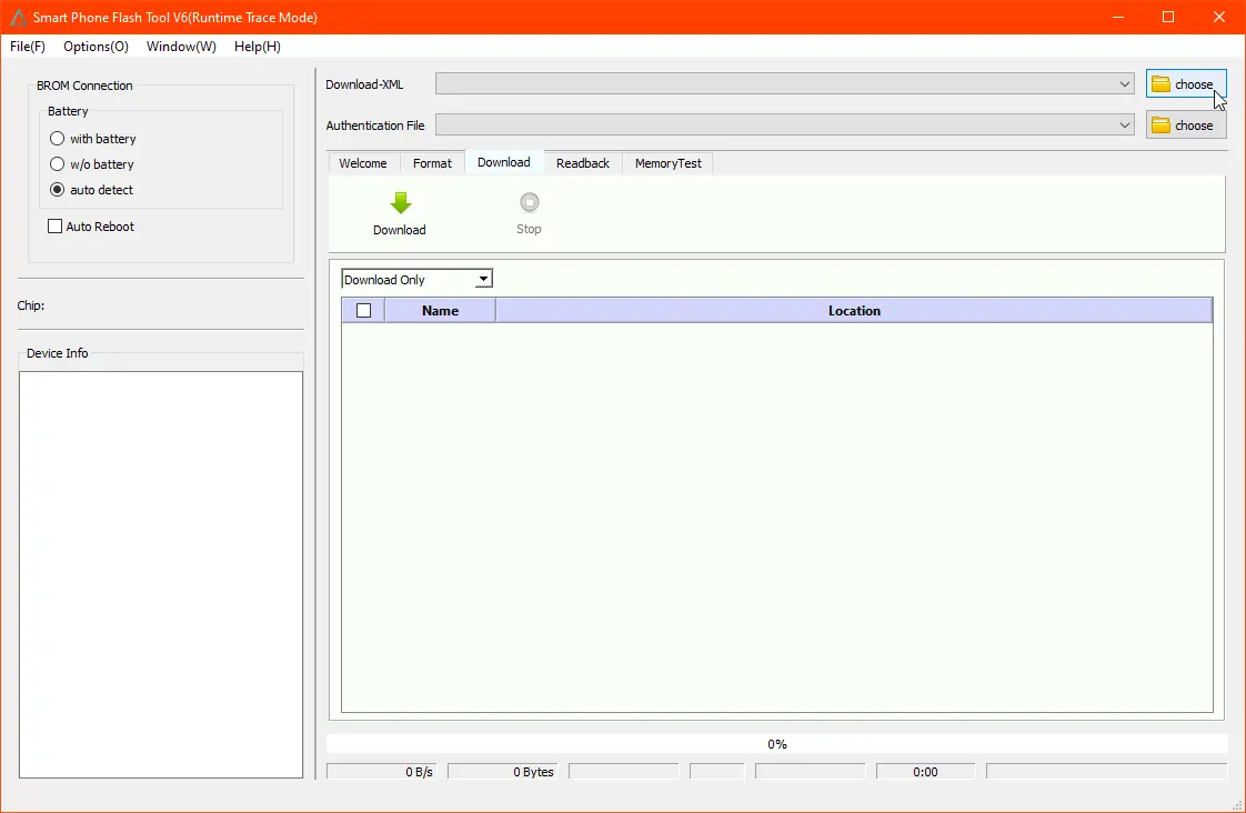 SP Flash Tool main window with cursor on the choose button
