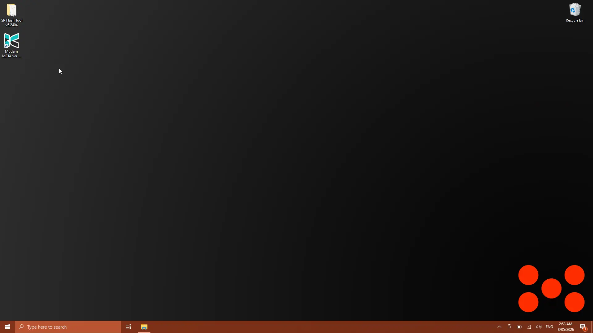 Desktop with SP Flash Tool and Modem META icons