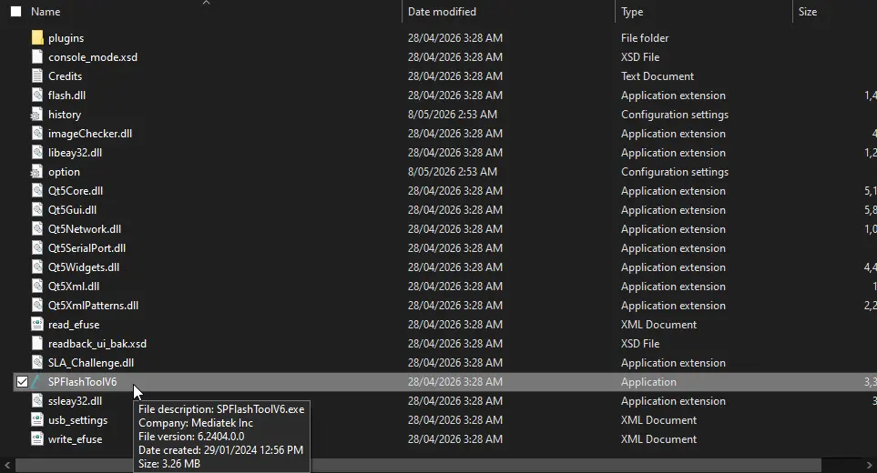 SP Flash Tool folder showing SPFlashToolV6.exe