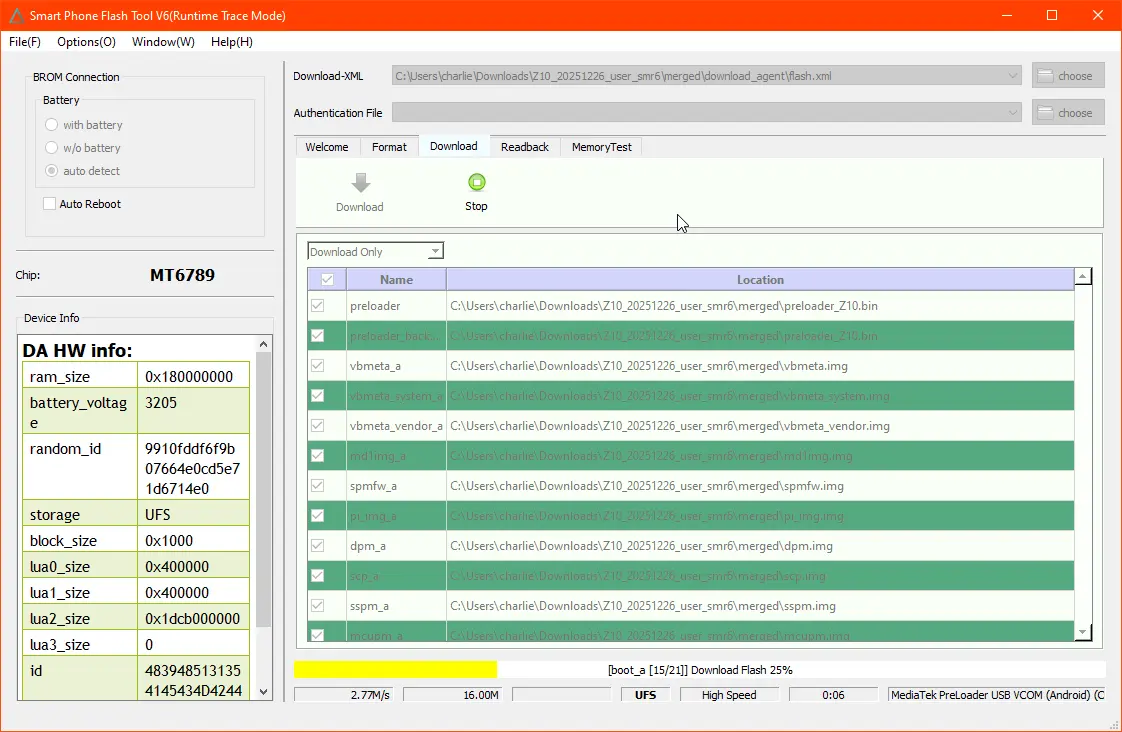SP Flash Tool actively flashing, yellow progress bar
