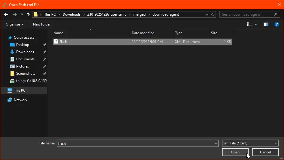 Open flash xml file dialog with flash.xml selected