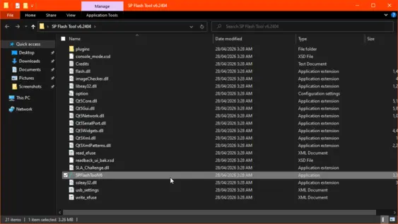SP Flash Tool folder showing SPFlashToolV6.exe
